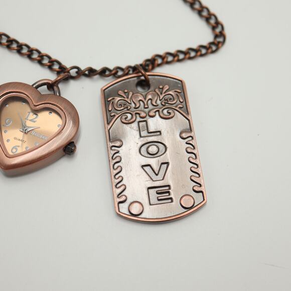Decree Womens Bronze Tone Key Dog Tag Love Heart Pendant Watch w New Battery - Picture 2 of 7